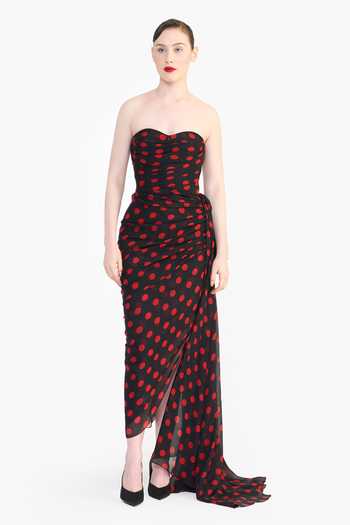 Gauri & Nainika_Black Chiffon Sweetheart Neck Polka Dot Draped Dress _Online_at_Aza_Fashions