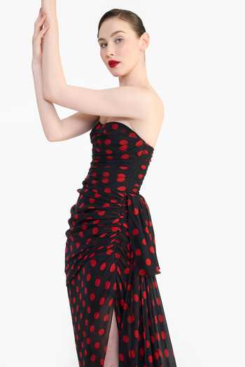 Shop_Gauri & Nainika_Black Chiffon Sweetheart Neck Polka Dot Draped Dress _Online_at_Aza_Fashions