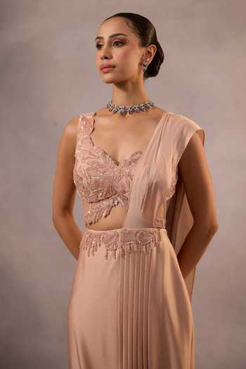 Shop One Knot One By Ashna Pink Satin, Chiffon, Organza Pre-draped Saree With Hand Embroidered Blouse Online at Aza Fashions Shop_One Knot One By Ashna_Pink Satin, Chiffon, Organza Pre-draped Saree With Hand Embroidered Blouse _Online_at_Aza_Fashions