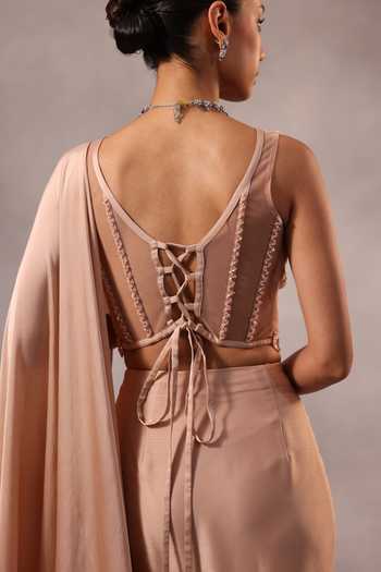 One Knot One By Ashna Pink Satin, Chiffon, Organza Pre-draped Saree With Hand Embroidered Blouse at Aza Fashions One Knot One By Ashna_Pink Satin, Chiffon, Organza Pre-draped Saree With Hand Embroidered Blouse _at_Aza_Fashions