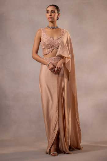 Buy One Knot One By Ashna Pink Satin, Chiffon, Organza Pre-draped Saree With Hand Embroidered Blouse Buy_One Knot One By Ashna_Pink Satin, Chiffon, Organza Pre-draped Saree With Hand Embroidered Blouse