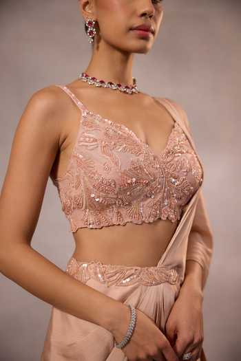 Shop One Knot One By Ashna Pink Satin, Chiffon, Organza Sweetheart Pre-draped Saree With Embroidered Blouse Online at Aza Fashions Shop_One Knot One By Ashna_Pink Satin, Chiffon, Organza Sweetheart Pre-draped Saree With Embroidered Blouse _Online_at_Aza_Fashions