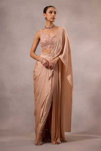 One Knot One By Ashna Pink Satin, Chiffon, Organza Sweetheart Pre-draped Saree With Embroidered Blouse at Aza Fashions One Knot One By Ashna_Pink Satin, Chiffon, Organza Sweetheart Pre-draped Saree With Embroidered Blouse _at_Aza_Fashions
