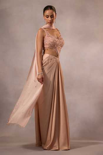 Shop One Knot One By Ashna Pink Satin, Chiffon, Organza Sweetheart Neck Hand Embroidered Blouse And Skirt Set Online at Aza Fashions Shop_One Knot One By Ashna_Pink Satin, Chiffon, Organza Sweetheart Neck Hand Embroidered Blouse And Skirt Set _Online_at_Aza_Fashions