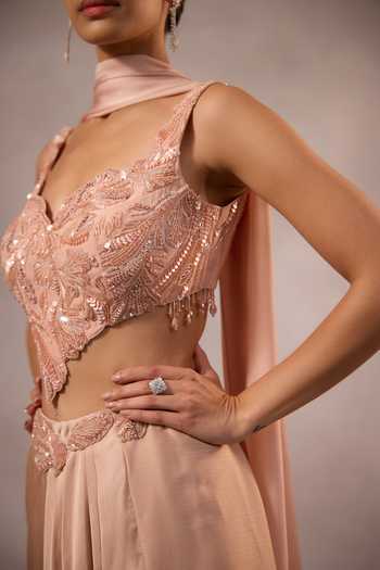 One Knot One By Ashna Pink Satin, Chiffon, Organza Sweetheart Neck Hand Embroidered Blouse And Skirt Set at Aza Fashions One Knot One By Ashna_Pink Satin, Chiffon, Organza Sweetheart Neck Hand Embroidered Blouse And Skirt Set _at_Aza_Fashions
