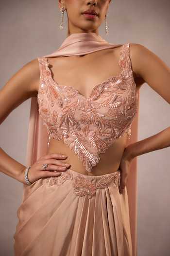 Buy One Knot One By Ashna Pink Satin, Chiffon, Organza Sweetheart Neck Hand Embroidered Blouse And Skirt Set Buy_One Knot One By Ashna_Pink Satin, Chiffon, Organza Sweetheart Neck Hand Embroidered Blouse And Skirt Set