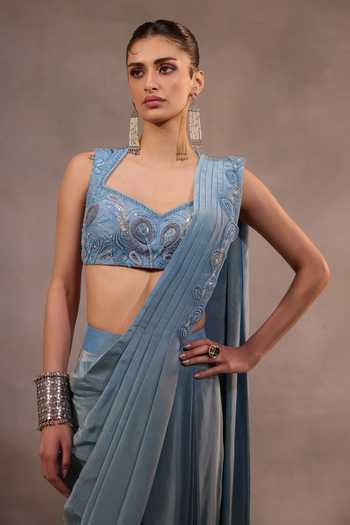 One Knot One By Ashna_Blue Tissue, Crepe Sweetheart Neck Pre-draped Saree With Embroidered Blouse _Online_at_Aza_Fashions