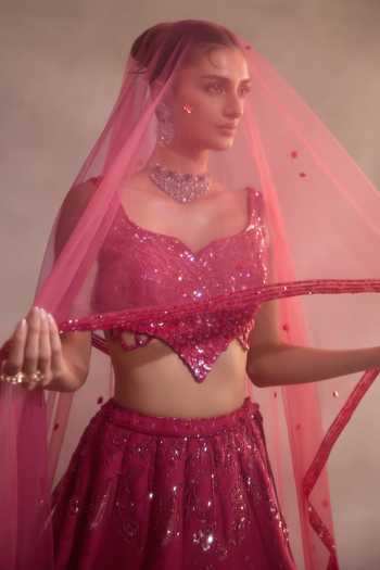 Buy One Knot One By Ashna Pink Silk, Tulle Sweetheart Neck Tonal Hand Embroidered Lehenga Set Online at Aza Fashions Buy_One Knot One By Ashna_Pink Silk, Tulle Sweetheart Neck Tonal Hand Embroidered Lehenga Set _Online_at_Aza_Fashions
