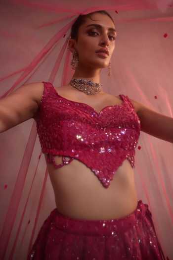 Shop One Knot One By Ashna Pink Silk, Tulle Sweetheart Neck Tonal Hand Embroidered Lehenga Set Online at Aza Fashions Shop_One Knot One By Ashna_Pink Silk, Tulle Sweetheart Neck Tonal Hand Embroidered Lehenga Set _Online_at_Aza_Fashions