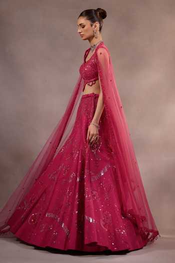 One Knot One By Ashna Pink Silk, Tulle Sweetheart Neck Tonal Hand Embroidered Lehenga Set at Aza Fashions One Knot One By Ashna_Pink Silk, Tulle Sweetheart Neck Tonal Hand Embroidered Lehenga Set _at_Aza_Fashions
