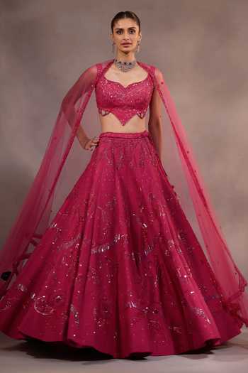 Shop One Knot One By Ashna Pink Silk, Tulle Sweetheart Neck Tonal Hand Embroidered Lehenga Set Shop_One Knot One By Ashna_Pink Silk, Tulle Sweetheart Neck Tonal Hand Embroidered Lehenga Set