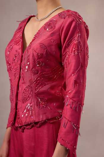 Buy One Knot One By Ashna Pink Silk V-neck Hand Embroidered Jacket With Sharara Online at Aza Fashions Buy_One Knot One By Ashna_Pink Silk V-neck Hand Embroidered Jacket With Sharara _Online_at_Aza_Fashions