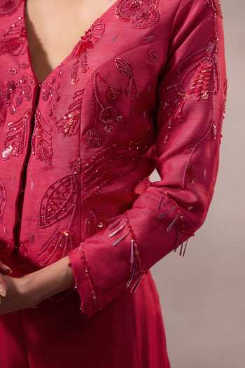 Shop One Knot One By Ashna Pink Silk V-neck Hand Embroidered Jacket With Sharara Online at Aza Fashions Shop_One Knot One By Ashna_Pink Silk V-neck Hand Embroidered Jacket With Sharara _Online_at_Aza_Fashions