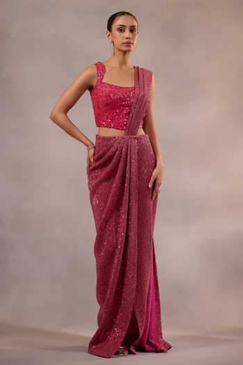 One Knot One By Ashna Pink Crepe Square Neck Shimmer Pre-draped Saree Set Online at Aza Fashions One Knot One By Ashna_Pink Crepe Square Neck Shimmer Pre-draped Saree Set _Online_at_Aza_Fashions