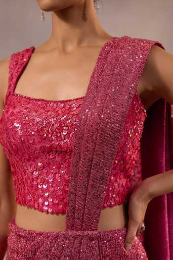 Shop One Knot One By Ashna Pink Crepe Square Neck Shimmer Pre-draped Saree Set Online at Aza Fashions Shop_One Knot One By Ashna_Pink Crepe Square Neck Shimmer Pre-draped Saree Set _Online_at_Aza_Fashions