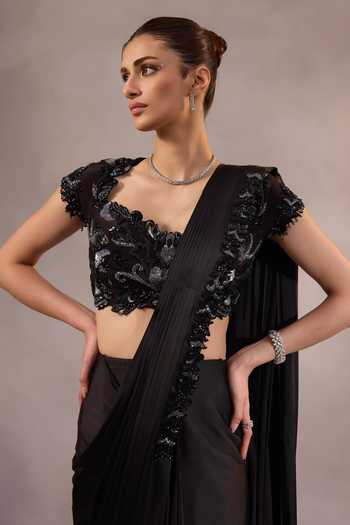 Buy One Knot One By Ashna Black Satin, Crepe Sweetheart Neck Hand Embroidered Pre-draped Saree Set Online at Aza Fashions Buy_One Knot One By Ashna_Black Satin, Crepe Sweetheart Neck Hand Embroidered Pre-draped Saree Set _Online_at_Aza_Fashions
