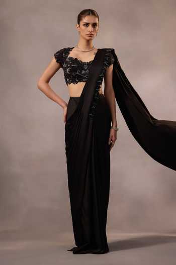 Shop One Knot One By Ashna Black Satin, Crepe Sweetheart Neck Hand Embroidered Pre-draped Saree Set Online at Aza Fashions Shop_One Knot One By Ashna_Black Satin, Crepe Sweetheart Neck Hand Embroidered Pre-draped Saree Set _Online_at_Aza_Fashions