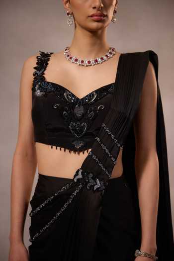 Shop One Knot One By Ashna Black Satin, Crepe Sweetheart Neck Tonal Hand Embroidered Pre-draped Saree Set Online at Aza Fashions Shop_One Knot One By Ashna_Black Satin, Crepe Sweetheart Neck Tonal Hand Embroidered Pre-draped Saree Set _Online_at_Aza_Fashions