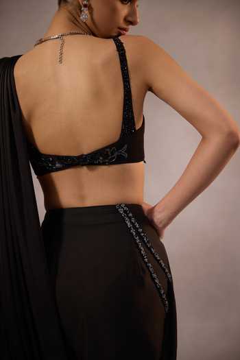 Buy One Knot One By Ashna Black Satin, Crepe Sweetheart Neck Tonal Hand Embroidered Pre-draped Saree Set Buy_One Knot One By Ashna_Black Satin, Crepe Sweetheart Neck Tonal Hand Embroidered Pre-draped Saree Set