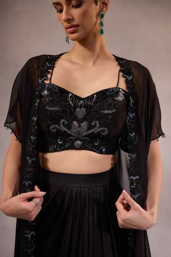 Shop One Knot One By Ashna Black Organza, Silk, Satin, Crepe Sweetheart Placed Hand Embroidered Cape Set Online at Aza Fashions Shop_One Knot One By Ashna_Black Organza, Silk, Satin, Crepe Sweetheart Placed Hand Embroidered Cape Set _Online_at_Aza_Fashions