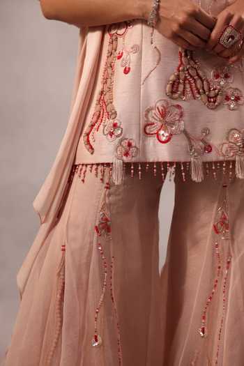 Shop One Knot One By Ashna Pink Silk, Organza, Satin High Neck Floral Hand Embroidered Kurta Sharara Set Online at Aza Fashions Shop_One Knot One By Ashna_Pink Silk, Organza, Satin High Neck Floral Hand Embroidered Kurta Sharara Set _Online_at_Aza_Fashions