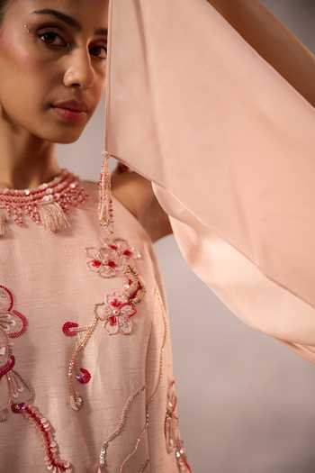 Buy One Knot One By Ashna Pink Silk, Organza, Satin High Neck Floral Hand Embroidered Kurta Sharara Set Buy_One Knot One By Ashna_Pink Silk, Organza, Satin High Neck Floral Hand Embroidered Kurta Sharara Set