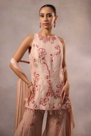 Shop One Knot One By Ashna Pink Silk, Organza, Satin High Neck Floral Hand Embroidered Kurta Sharara Set Shop_One Knot One By Ashna_Pink Silk, Organza, Satin High Neck Floral Hand Embroidered Kurta Sharara Set