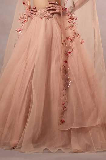 Buy_One Knot One By Ashna_Pink Organza, Crepe Sweetheart Neck Hand Embroidered Cape Lehenga Set _Online_at_Aza_Fashions
