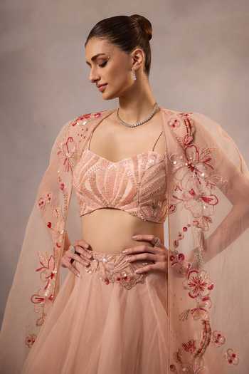 Shop_One Knot One By Ashna_Pink Organza, Crepe Sweetheart Neck Hand Embroidered Cape Lehenga Set _Online_at_Aza_Fashions