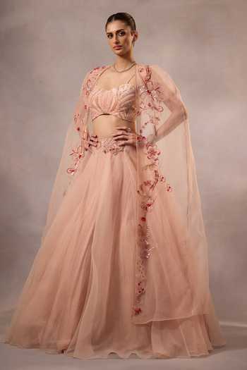 One Knot One By Ashna_Pink Organza, Crepe Sweetheart Neck Hand Embroidered Cape Lehenga Set _at_Aza_Fashions