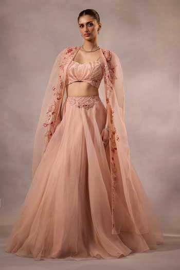 Buy_One Knot One By Ashna_Pink Organza, Crepe Sweetheart Neck Hand Embroidered Cape Lehenga Set 