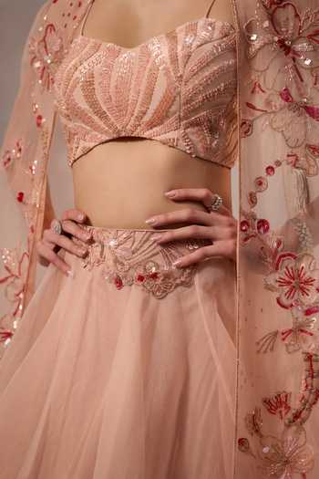 Shop_One Knot One By Ashna_Pink Organza, Crepe Sweetheart Neck Hand Embroidered Cape Lehenga Set 