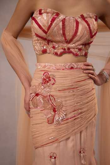 Shop One Knot One By Ashna Pink Organza, Tulle Sweetheart Neck Hand Embroidered Lehenga Set Shop_One Knot One By Ashna_Pink Organza, Tulle Sweetheart Neck Hand Embroidered Lehenga Set