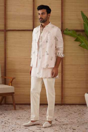 Shop_Arjan Dugal_Pink Organza, Silk, Cotton Satin, Modal, Lycra Gramophone Nehru Jacket Set 