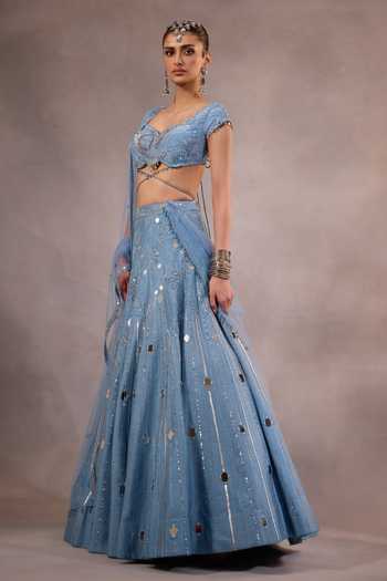 Shop One Knot One By Ashna Blue Silk, Crepe, Tulle Sweetheart Neck Hand Embroidered Lehenga Set Online at Aza Fashions Shop_One Knot One By Ashna_Blue Silk, Crepe, Tulle Sweetheart Neck Hand Embroidered Lehenga Set _Online_at_Aza_Fashions