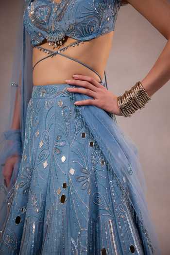 One Knot One By Ashna Blue Silk, Crepe, Tulle Sweetheart Neck Hand Embroidered Lehenga Set at Aza Fashions One Knot One By Ashna_Blue Silk, Crepe, Tulle Sweetheart Neck Hand Embroidered Lehenga Set _at_Aza_Fashions