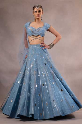 Buy One Knot One By Ashna Blue Silk, Crepe, Tulle Sweetheart Neck Hand Embroidered Lehenga Set Buy_One Knot One By Ashna_Blue Silk, Crepe, Tulle Sweetheart Neck Hand Embroidered Lehenga Set