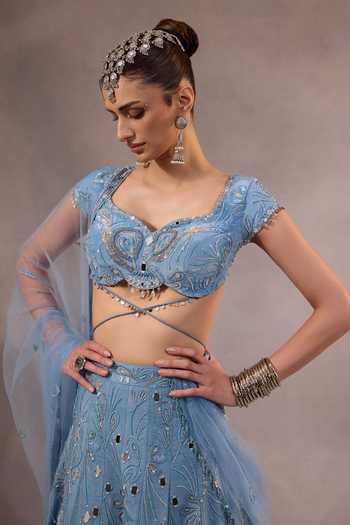 Shop One Knot One By Ashna Blue Silk, Crepe, Tulle Sweetheart Neck Hand Embroidered Lehenga Set Shop_One Knot One By Ashna_Blue Silk, Crepe, Tulle Sweetheart Neck Hand Embroidered Lehenga Set