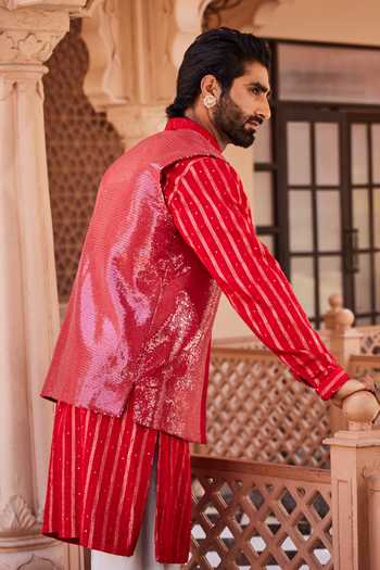 Shop Yajy By Aditya Jain Red Silk Snow Kissed Kurta Jacket Set at Aza Fashions Shop_Yajy By Aditya Jain_Red Silk Snow Kissed Kurta Jacket Set _at_Aza_Fashions