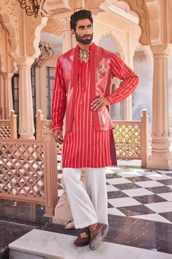 Buy Yajy By Aditya Jain Red Silk Snow Kissed Kurta Jacket Set Buy_Yajy By Aditya Jain_Red Silk Snow Kissed Kurta Jacket Set