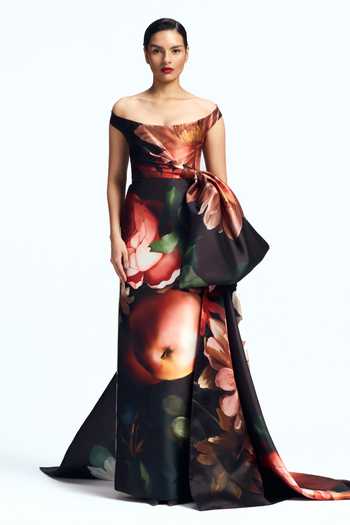 Shop_Gauri & Nainika_Black Off-shoulder Printed Draped Gown _Online_at_Aza_Fashions