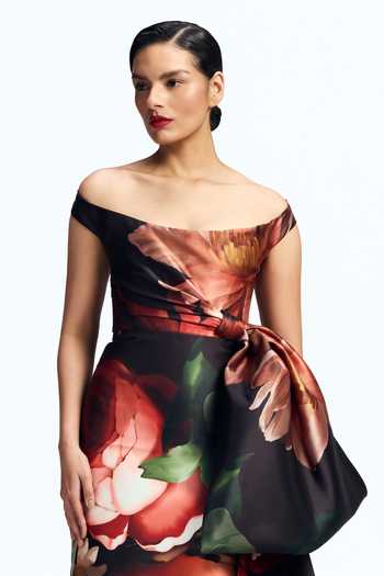 Gauri & Nainika_Black Off-shoulder Printed Draped Gown _at_Aza_Fashions