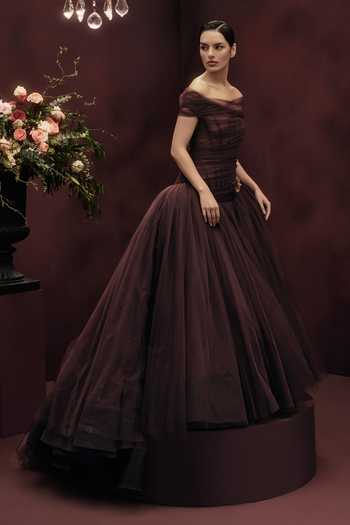 Gauri & Nainika_Burgundy Tulle Embroidery, Stones, Crystals, Fabric Flowers Off Draped Gown _at_Aza_Fashions
