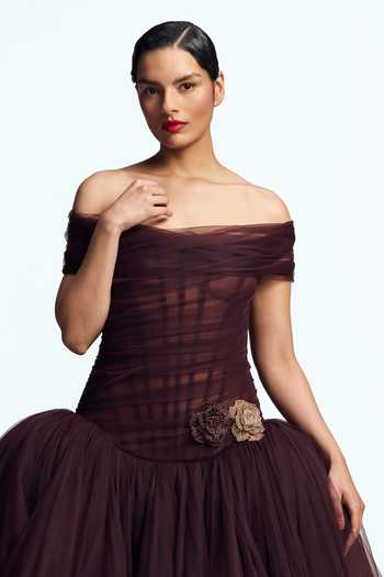Buy_Gauri & Nainika_Burgundy Tulle Embroidery, Stones, Crystals, Fabric Flowers Off Draped Gown 