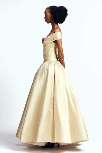 Gauri & Nainika Off White Satin Crystals, Fabric Flowers Off-shoulder Gown Online at Aza Fashions Gauri & Nainika_Off White Satin Crystals, Fabric Flowers Off-shoulder Gown _Online_at_Aza_Fashions