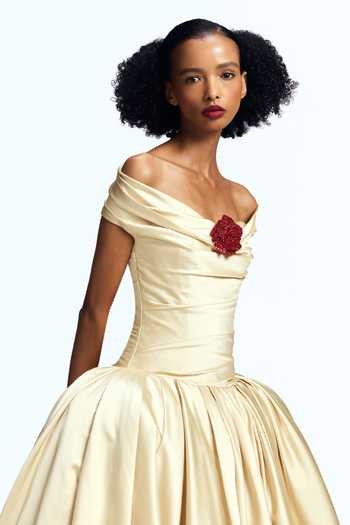 Shop Gauri & Nainika Off White Satin Crystals, Fabric Flowers Off-shoulder Gown Online at Aza Fashions Shop_Gauri & Nainika_Off White Satin Crystals, Fabric Flowers Off-shoulder Gown _Online_at_Aza_Fashions