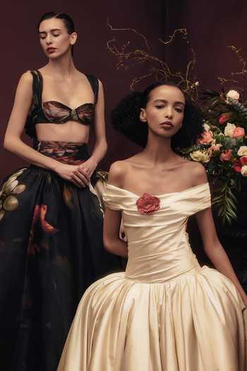 Gauri & Nainika Off White Satin Crystals, Fabric Flowers Off-shoulder Gown at Aza Fashions Gauri & Nainika_Off White Satin Crystals, Fabric Flowers Off-shoulder Gown _at_Aza_Fashions