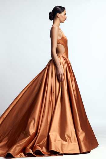 Gauri & Nainika_Orange Satin Scoop Neck Structured Column Gown  _Online_at_Aza_Fashions