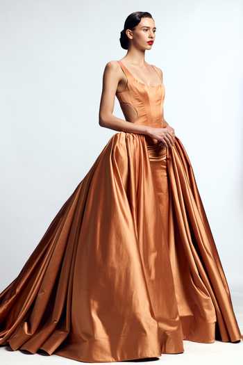 Buy_Gauri & Nainika_Orange Satin Scoop Neck Structured Column Gown  _Online_at_Aza_Fashions