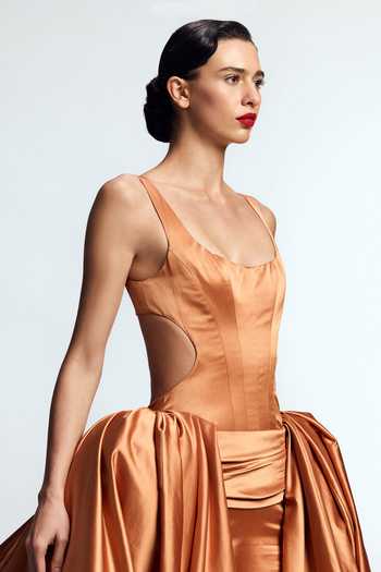 Shop_Gauri & Nainika_Orange Satin Scoop Neck Structured Column Gown  _Online_at_Aza_Fashions